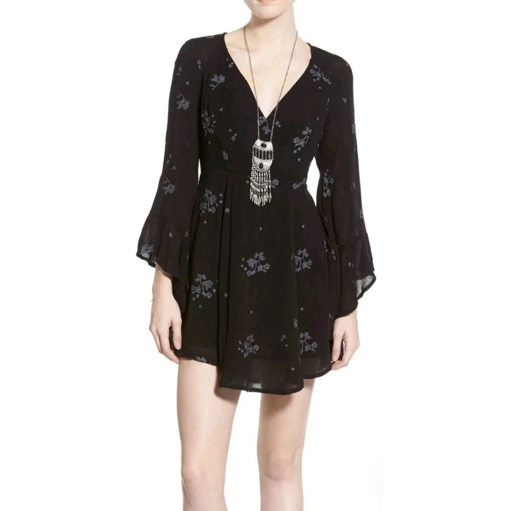 FREE PEOPLE Jasmine Blue Embroidered Wrap Front Dress Black Hippie Boho‎ Flowy 4